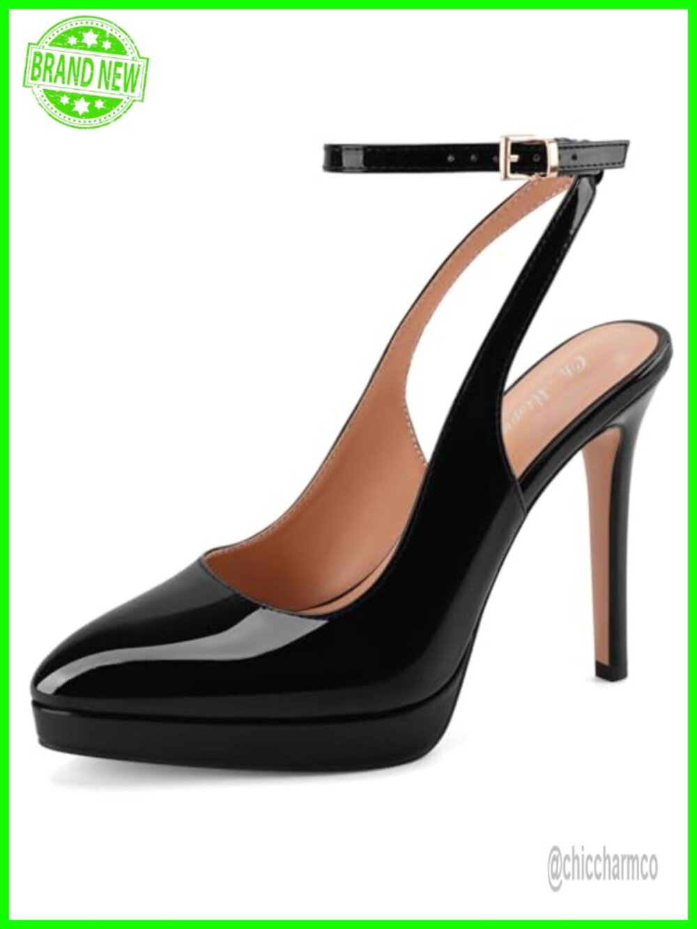 Women's Patent Leather Platform Stiletto Slingback Heels Ankle Strap Pointed